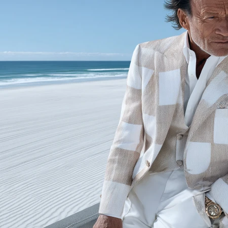 An older man in a cream-and-white patterned suit stands on a white sand beach with the ocean and blue sky in the background.