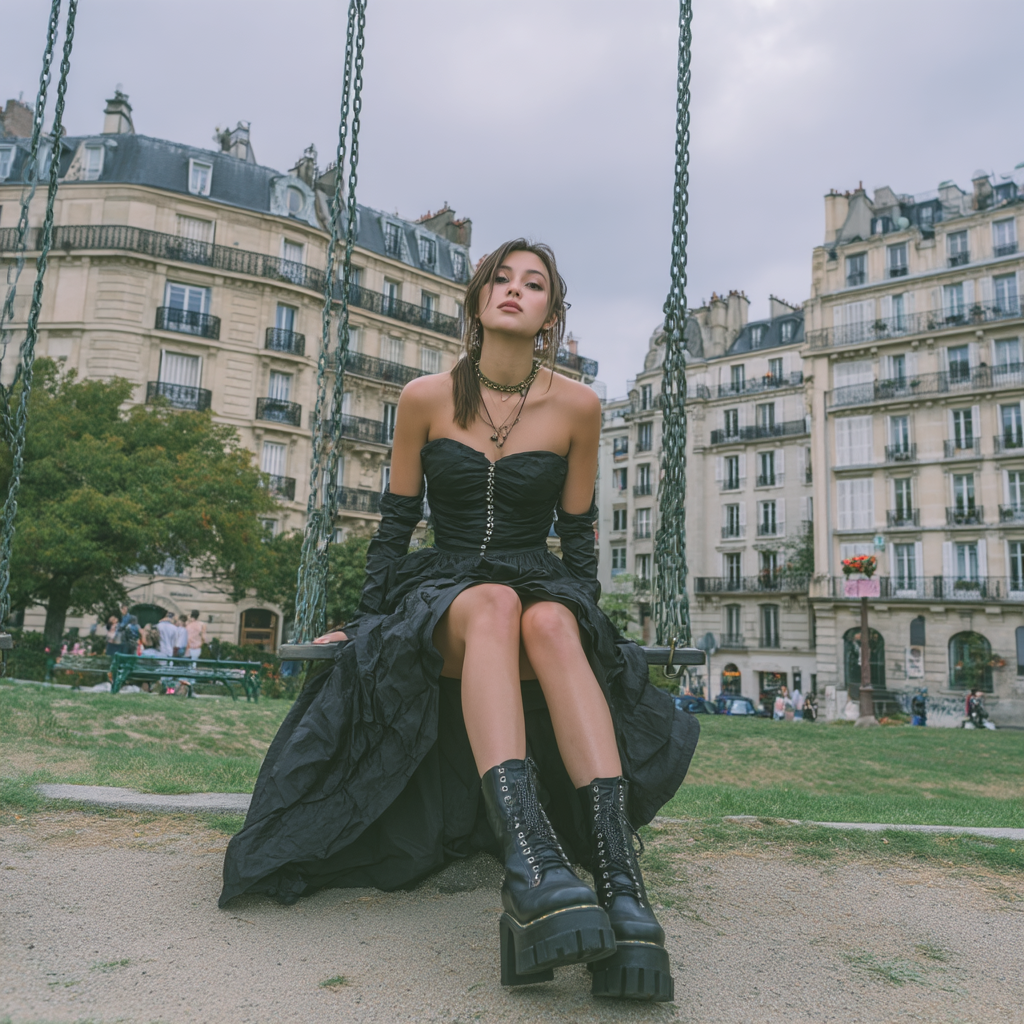 A woman in a black dress sits on a swing in front of buildings. The woman also has on black boots. There are trees and other people in the background.