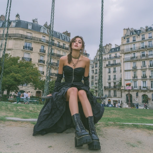 A woman in a black dress sits on a swing in front of buildings. The woman also has on black boots. There are trees and other people in the background.