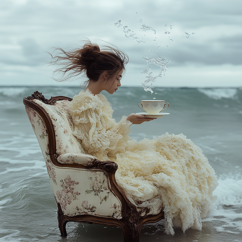 A woman in a ruffled dress sits in an ornate armchair in ocean surf, holding a teacup with rising water droplets against an overcast sky.