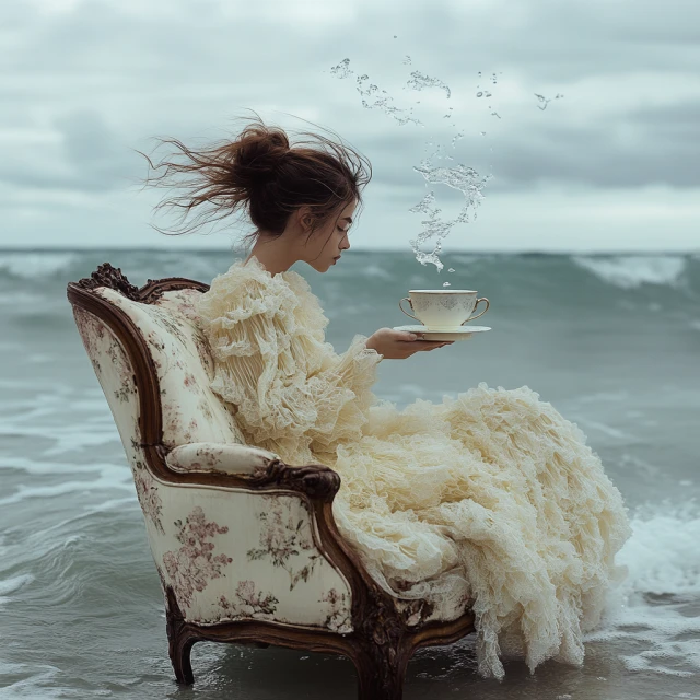 A woman in a ruffled dress sits in an ornate armchair in ocean surf, holding a teacup with rising water droplets against an overcast sky.