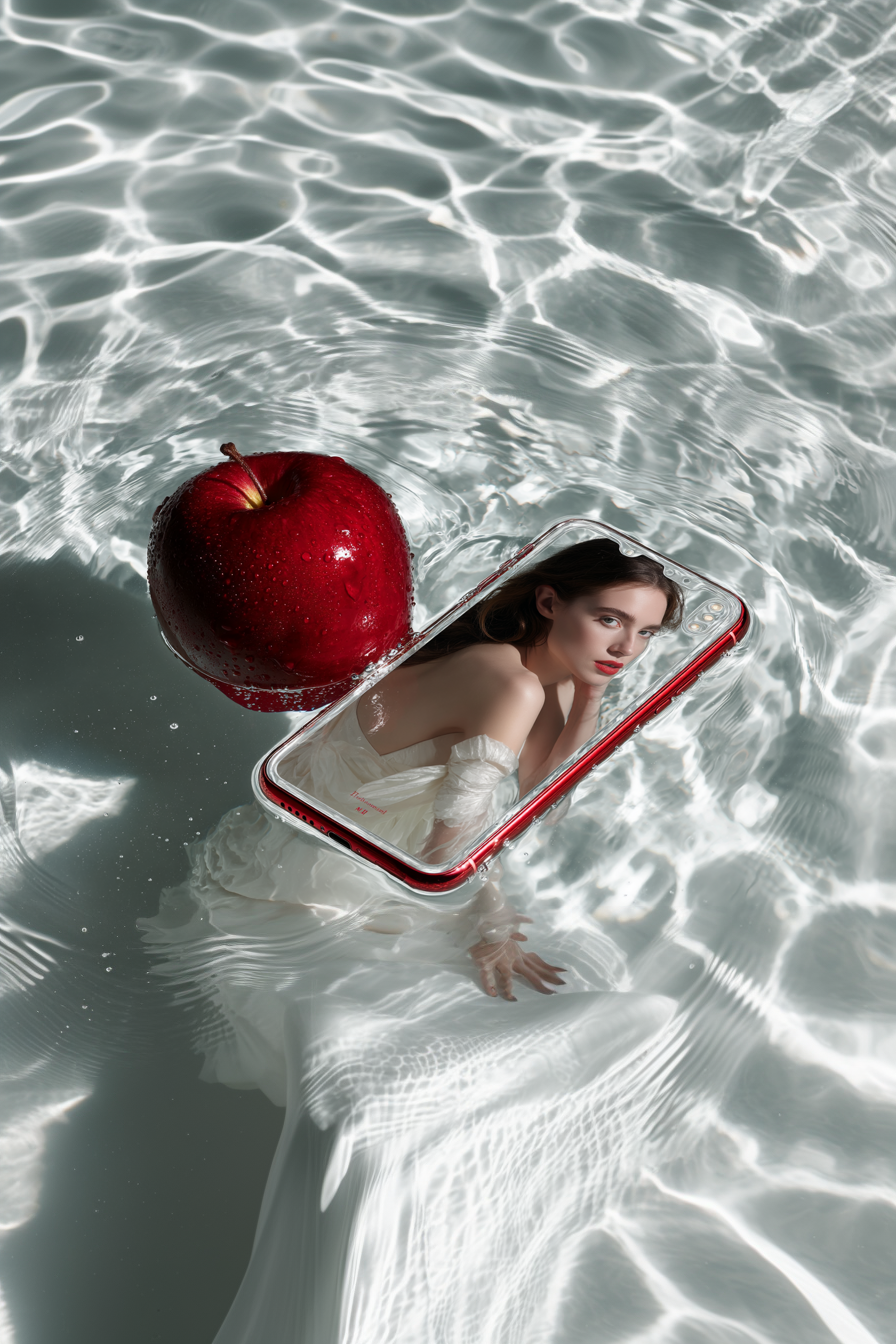 Conceptual beauty shot: woman submerged in water with an apple and phone, creating a surreal and visually striking composition.