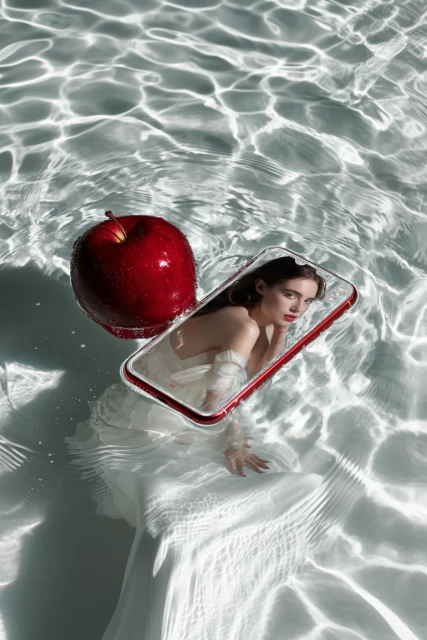Conceptual beauty shot: woman submerged in water with an apple and phone, creating a surreal and visually striking composition.