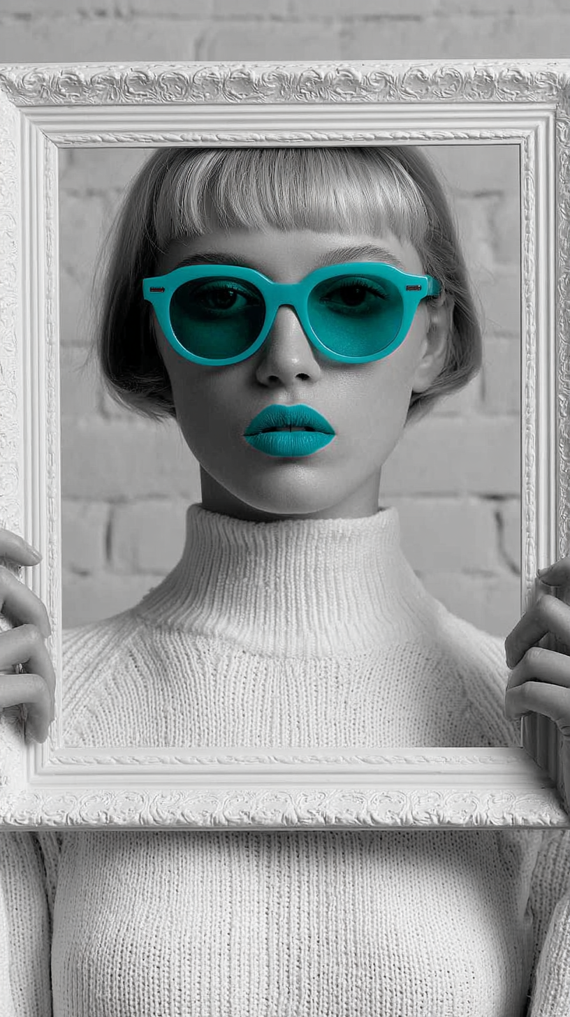 Stylish woman framed in white, wearing turquoise sunglasses and lipstick against a white brick backdrop in a vertical portrait.