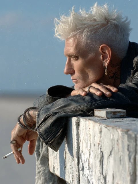 Adult male with white spiky hair poses outdoors wearing a black leather jacket, jewelry, and smoking a cigarette. Profile view.