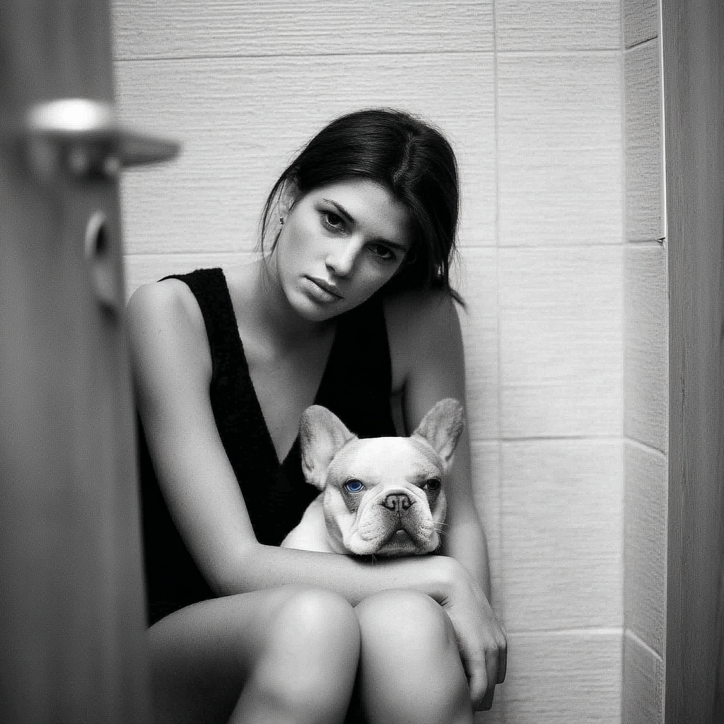 Black and white shot of a woman in a black tank top holding a French bulldog in an indoor tiled setting, with a door slightly open.