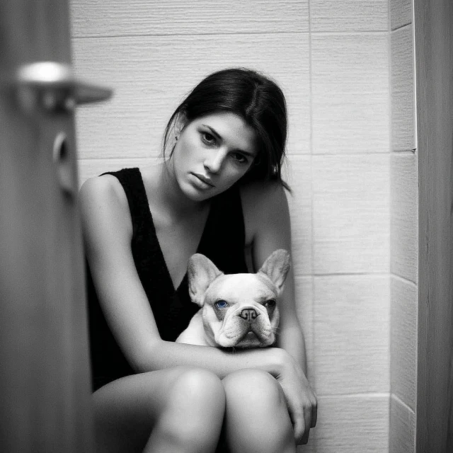 Black and white shot of a woman in a black tank top holding a French bulldog in an indoor tiled setting, with a door slightly open.