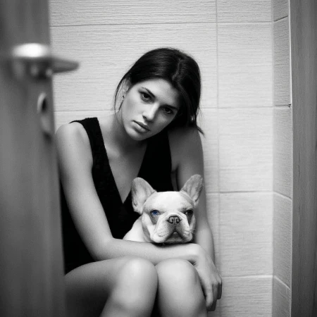 Black and white shot of a woman in a black tank top holding a French bulldog in an indoor tiled setting, with a door slightly open.