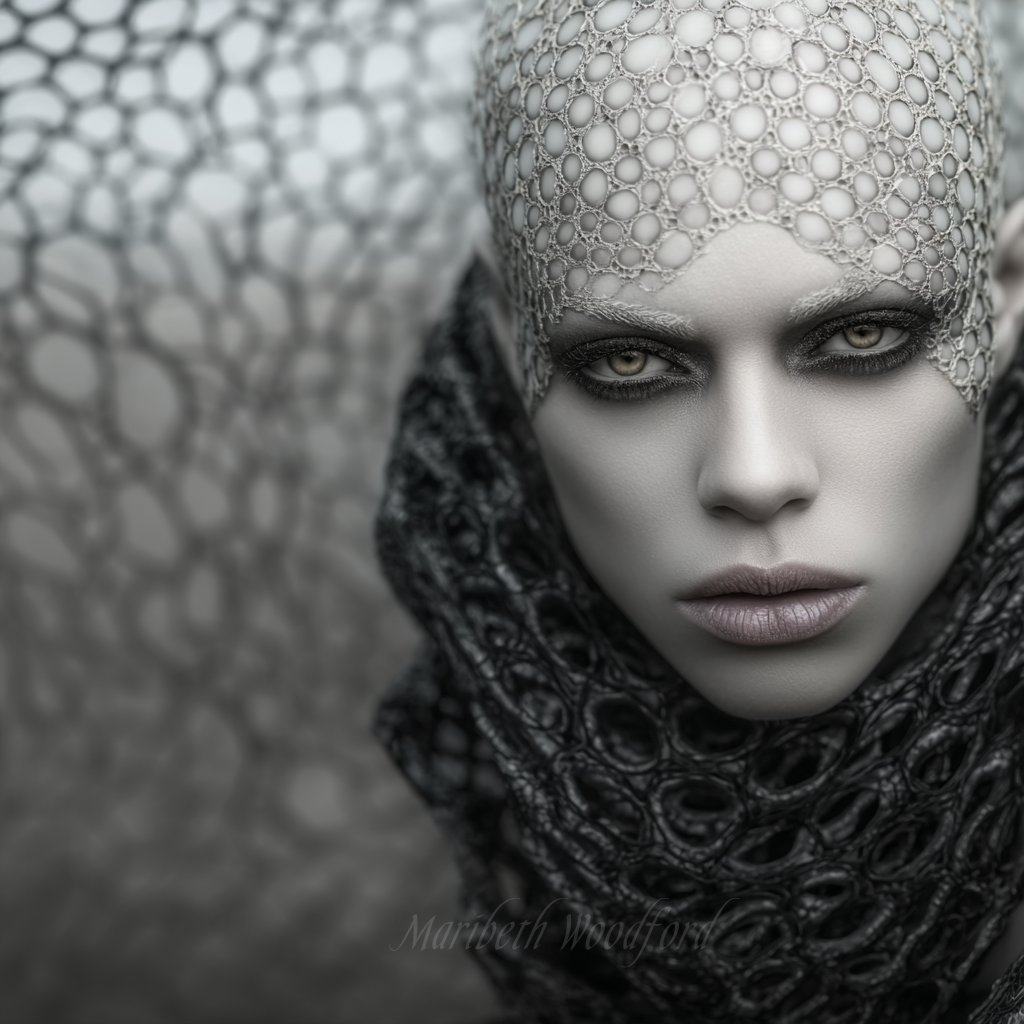 Monochrome portrait of adult woman with detailed head covering and textured collar against a blurred background.