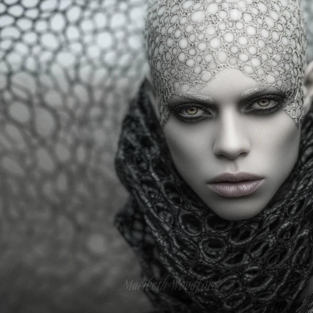 Monochrome portrait of adult woman with detailed head covering and textured collar against a blurred background.