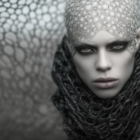 Monochrome portrait of adult woman with detailed head covering and textured collar against a blurred background.
