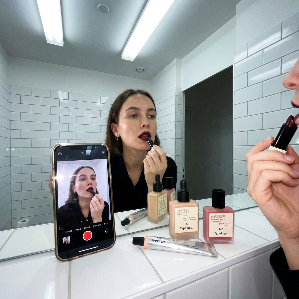 Woman applies lipstick while looking in a mirror; she is also visible on a phone screen with makeup bottles and tube on the counter.