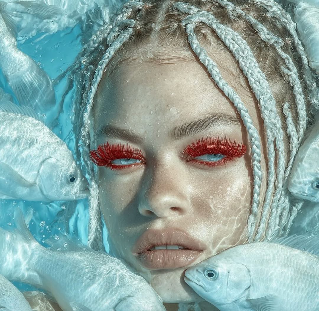 Close-up of a woman's face with white braided hair and red false eyelashes surrounded by white fish in clear blue water.