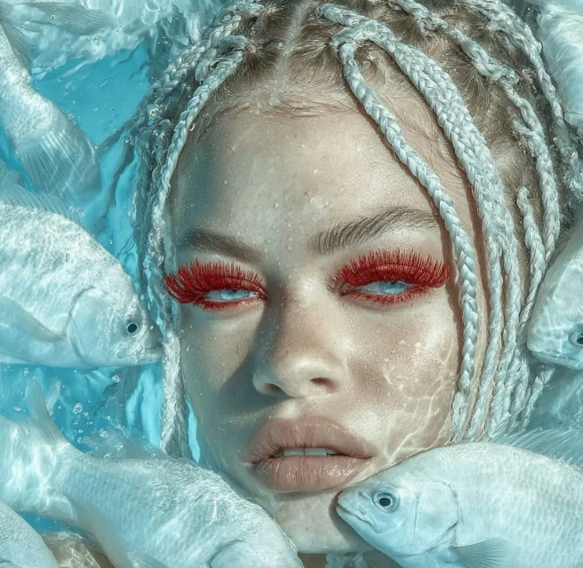 Close-up of a woman's face with white braided hair and red false eyelashes surrounded by white fish in clear blue water.