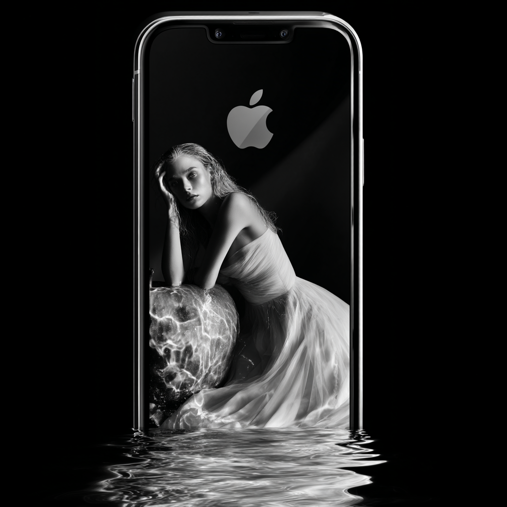 Monochrome portrait of a woman in a light-colored dress, framed by an iPhone with the Apple logo and water reflections below.