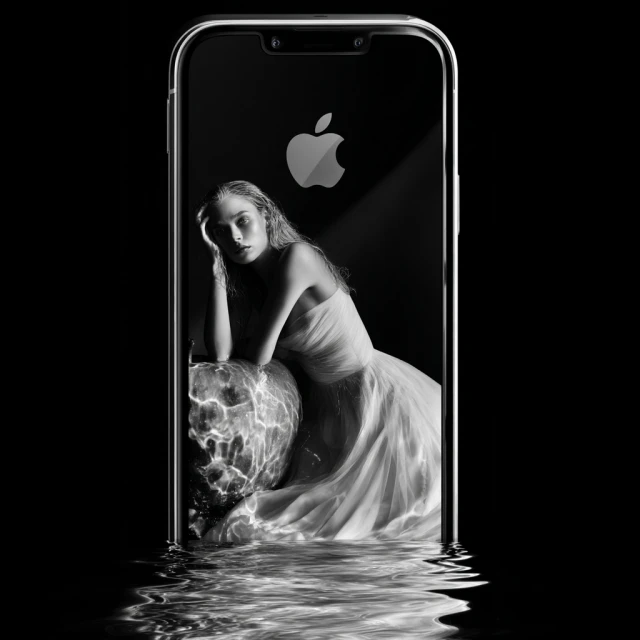 Monochrome portrait of a woman in a light-colored dress, framed by an iPhone with the Apple logo and water reflections below.