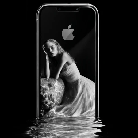 Monochrome portrait of a woman in a light-colored dress, framed by an iPhone with the Apple logo and water reflections below.