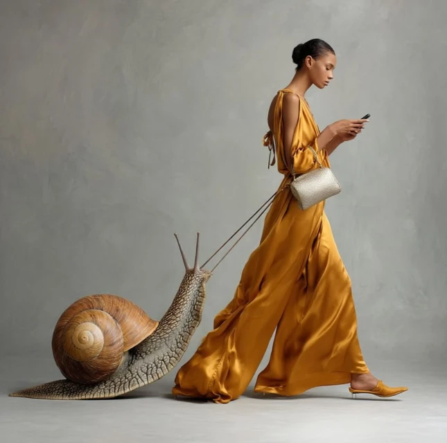 A woman in a yellow dress is leading a giant snail in a studio setting. She is holding a phone in her hand while walking.