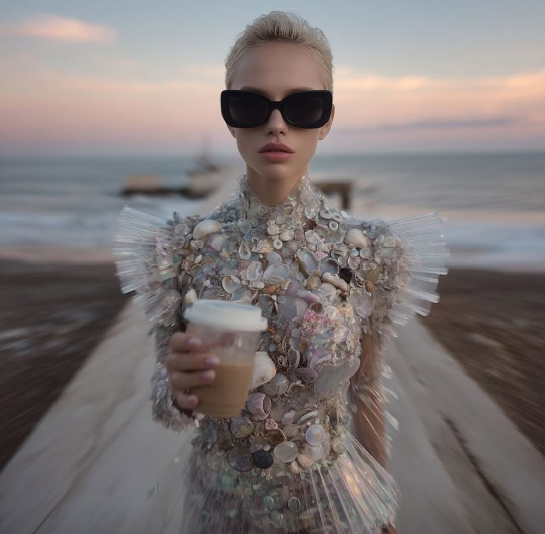 Woman in avant-garde seashell dress with coffee cup stands on concrete pier with ocean backdrop during dusk, wearing black sunglasses.