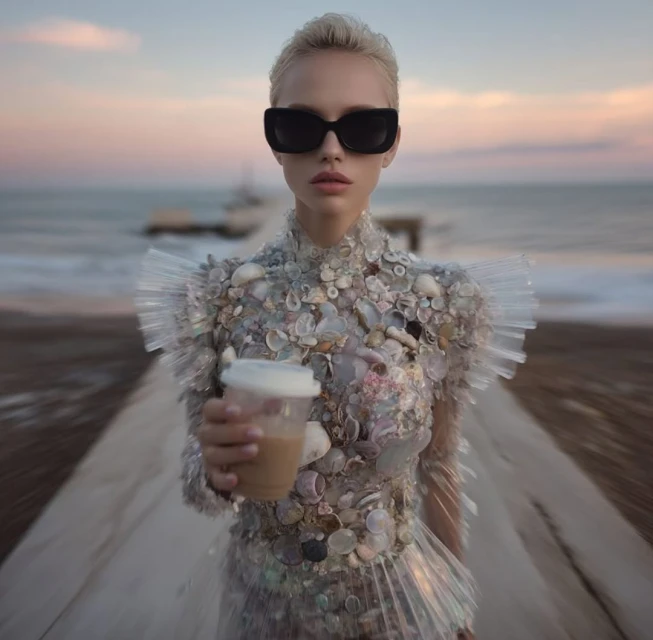 Woman in avant-garde seashell dress with coffee cup stands on concrete pier with ocean backdrop during dusk, wearing black sunglasses.