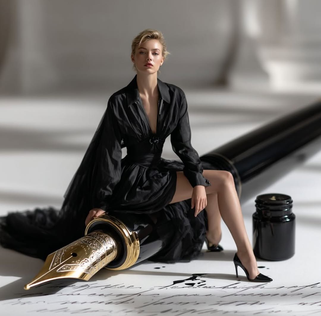 Woman in black dress poses on a giant fountain pen with inkwell and ink spills on white surface in a fashion editorial.