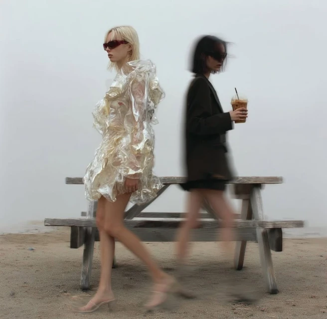 Two fashion models in a blurred outdoor scene with a picnic table, one in a translucent dress, the other holding a beverage. 