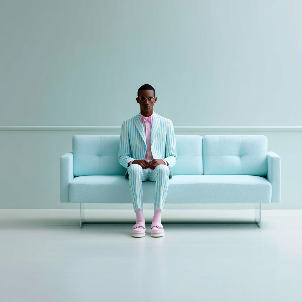An African American man in a pastel-striped suit and pink bow tie sits on a light blue sofa against a matching wall backdrop.