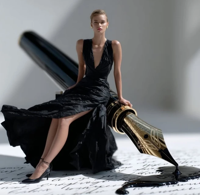 Elegant woman in a black dress poses, seated on an oversized fountain pen against a backdrop of handwritten script, creating a stylish contrast.