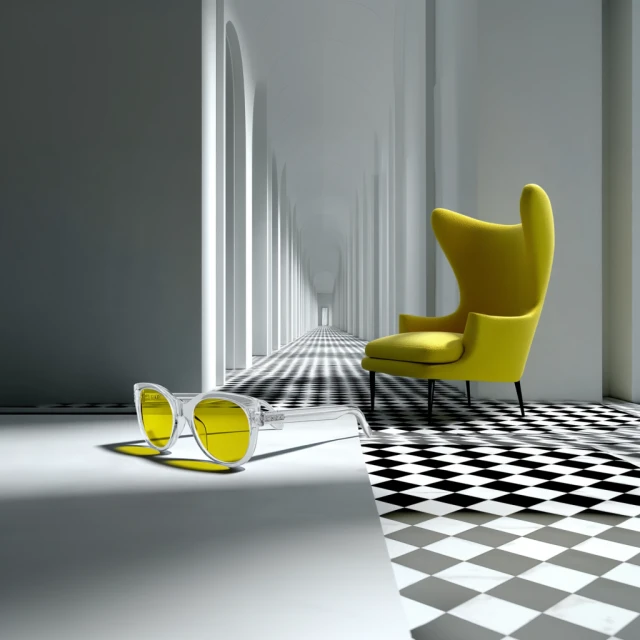 Still life of yellow-tinted sunglasses on a white surface, with a yellow wingback chair against a checkered floor in an arched hallway.