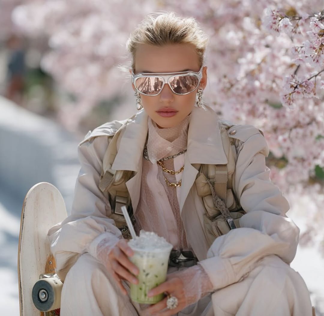 Woman in futuristic sunglasses and beige trench coat sits outdoors, holding a matcha latte near blooming cherry blossom trees.