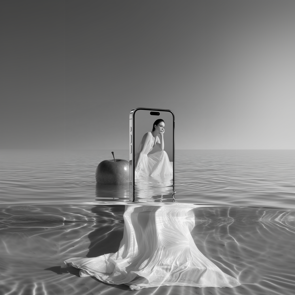 Surreal monochrome composition of a smartphone floating in water displaying a woman whose white dress flows beneath the surface.