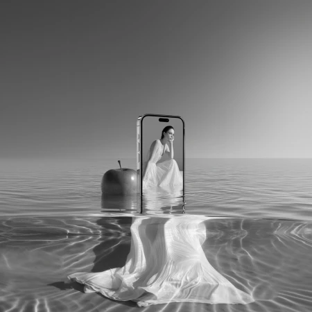 Surreal monochrome composition of a smartphone floating in water displaying a woman whose white dress flows beneath the surface.