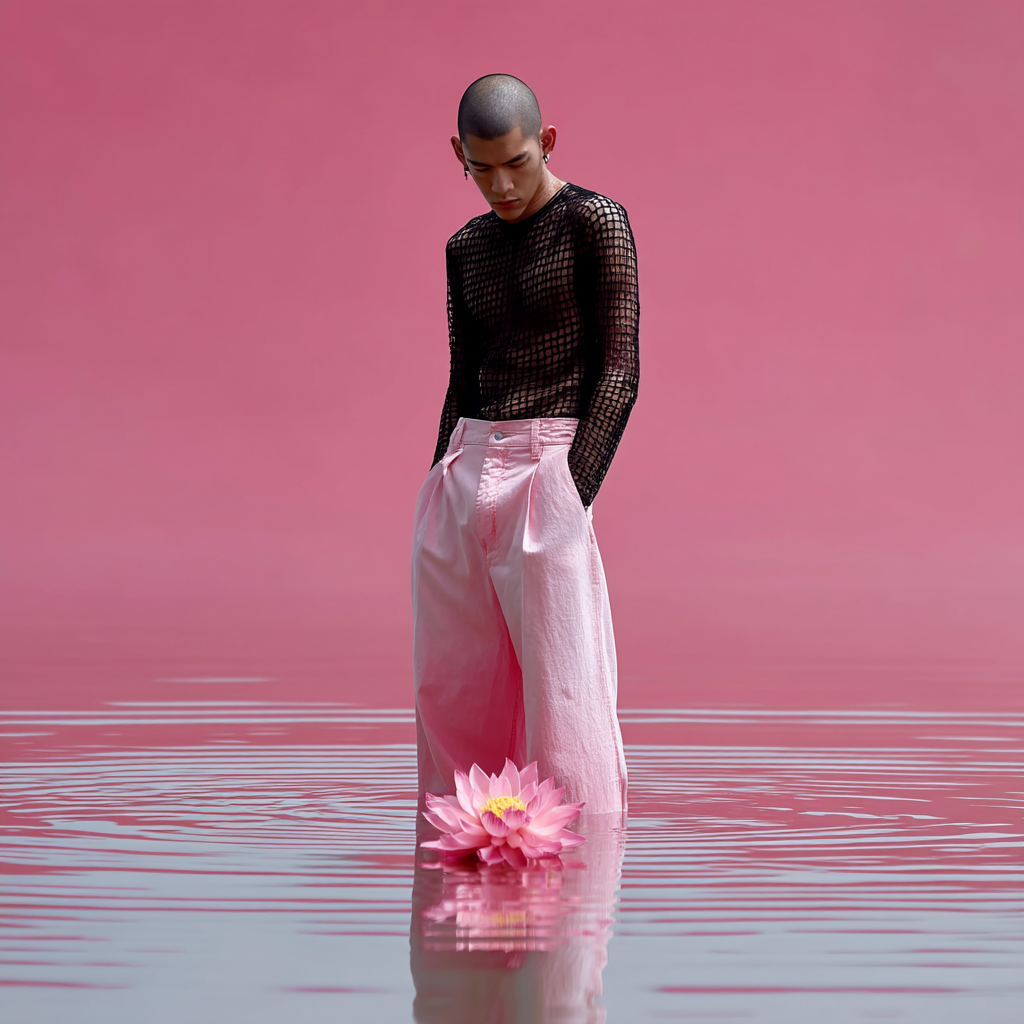 Man in black mesh shirt and pink pants standing in water with a pink lotus flower, against a pink background, minimalist fashion.