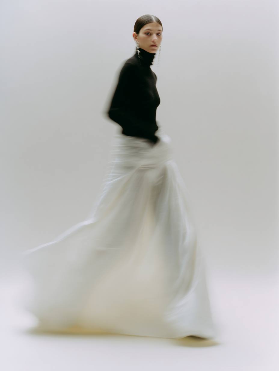 A woman in a black turtleneck and long white skirt poses in motion in a bright studio with blurred motion effects emphasizing movement and style.