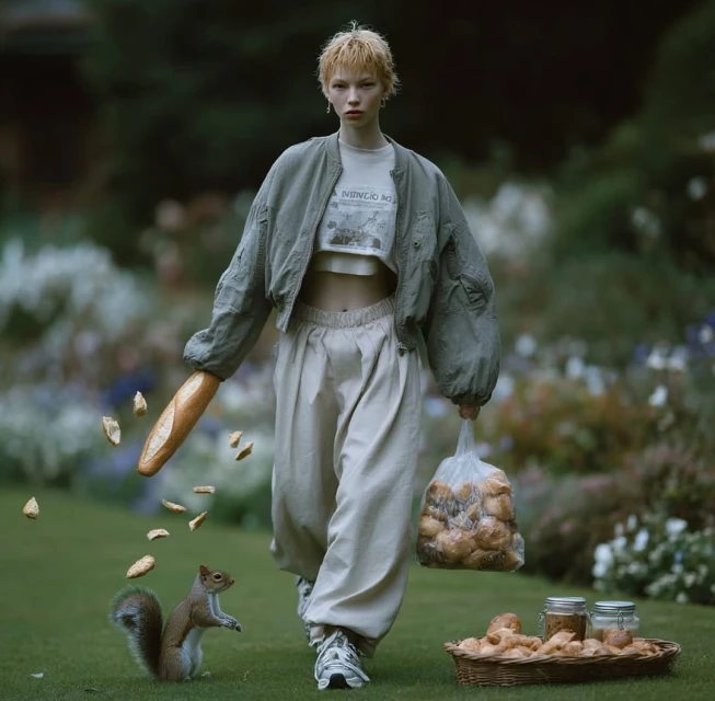 Young woman in streetwear walking on lawn with baguette and bread, squirrel, basket and jars of condiments, in a garden setting.