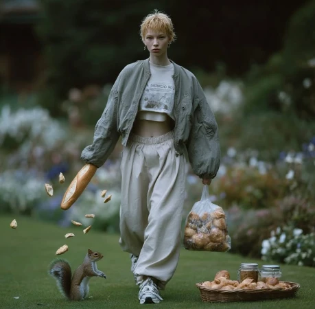 Young woman in streetwear walking on lawn with baguette and bread, squirrel, basket and jars of condiments, in a garden setting.