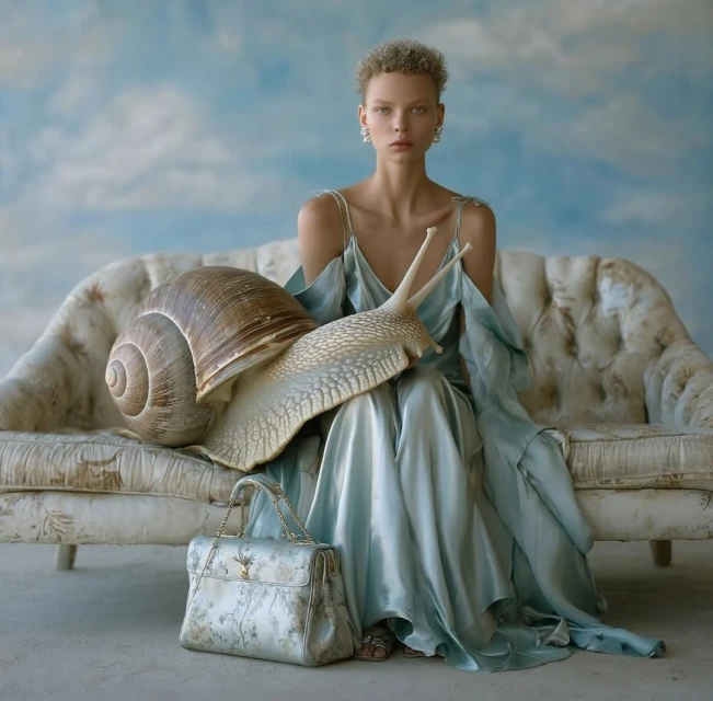 A woman in a light blue dress sits on a couch next to a giant snail. A handbag sits at the bottom of the couch in an indoor environment.