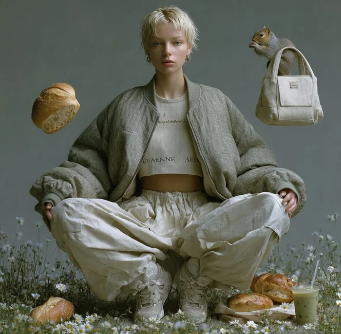 Blonde woman crouching in a meadow wearing a padded bomber jacket and cargo pants with floating loaves and a squirrel on a handbag.