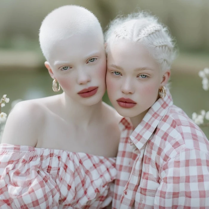 Two women with albinism in matching red and white plaid clothing posing outdoors near greenery