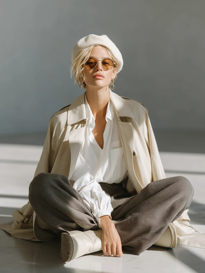 Blonde woman in a white beret, sunglasses, beige trench coat, and wide trousers sitting cross-legged on a studio floor.