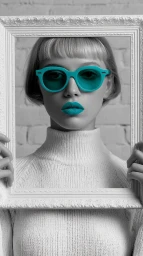 Black and white portrait of a woman holding an ornate white picture frame around her face with bright cyan sunglasses and lipstick.