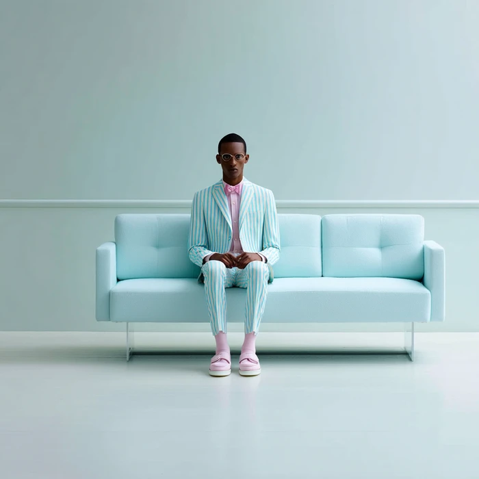 Man in a mint-striped suit, pink bow tie, and pink shoes seated on a pastel blue sofa against a matching pale cyan wall.