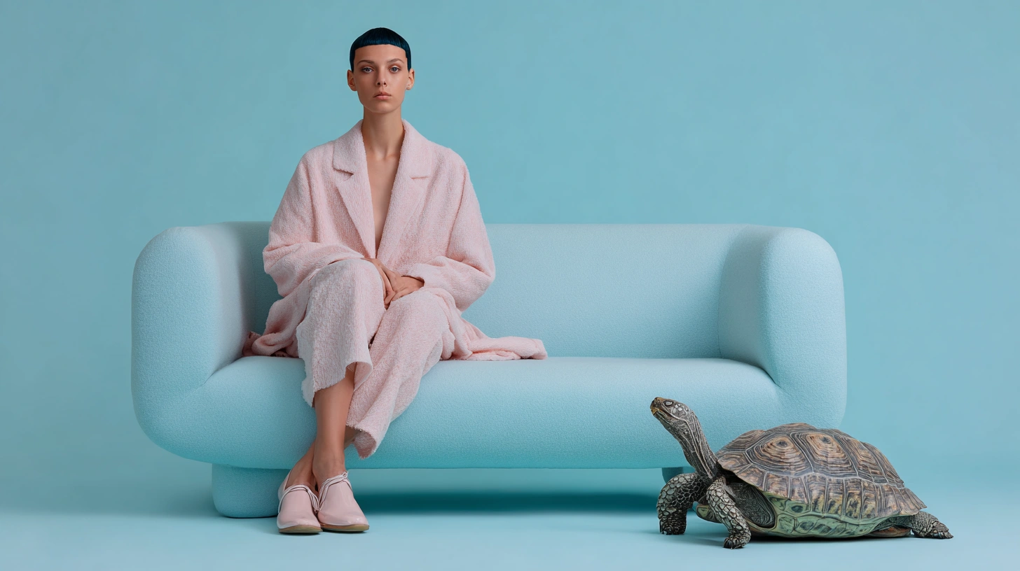 Model in a textured pale pink robe seated on a light blue rounded sofa next to a large tortoise against a blue studio background.