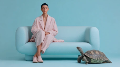 Model in a textured pale pink robe seated on a light blue rounded sofa next to a large tortoise against a blue studio background.