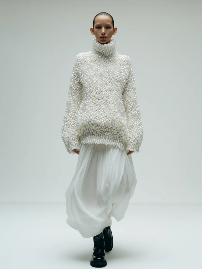 Model wearing a heavily textured white knit turtleneck sweater and flowing skirt against a plain white background