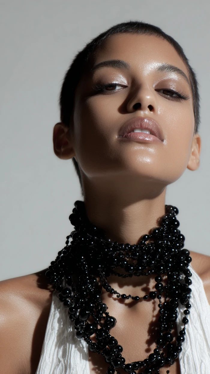 Close up portrait of a short-haired woman wearing a black beaded necklace and white top against a neutral background