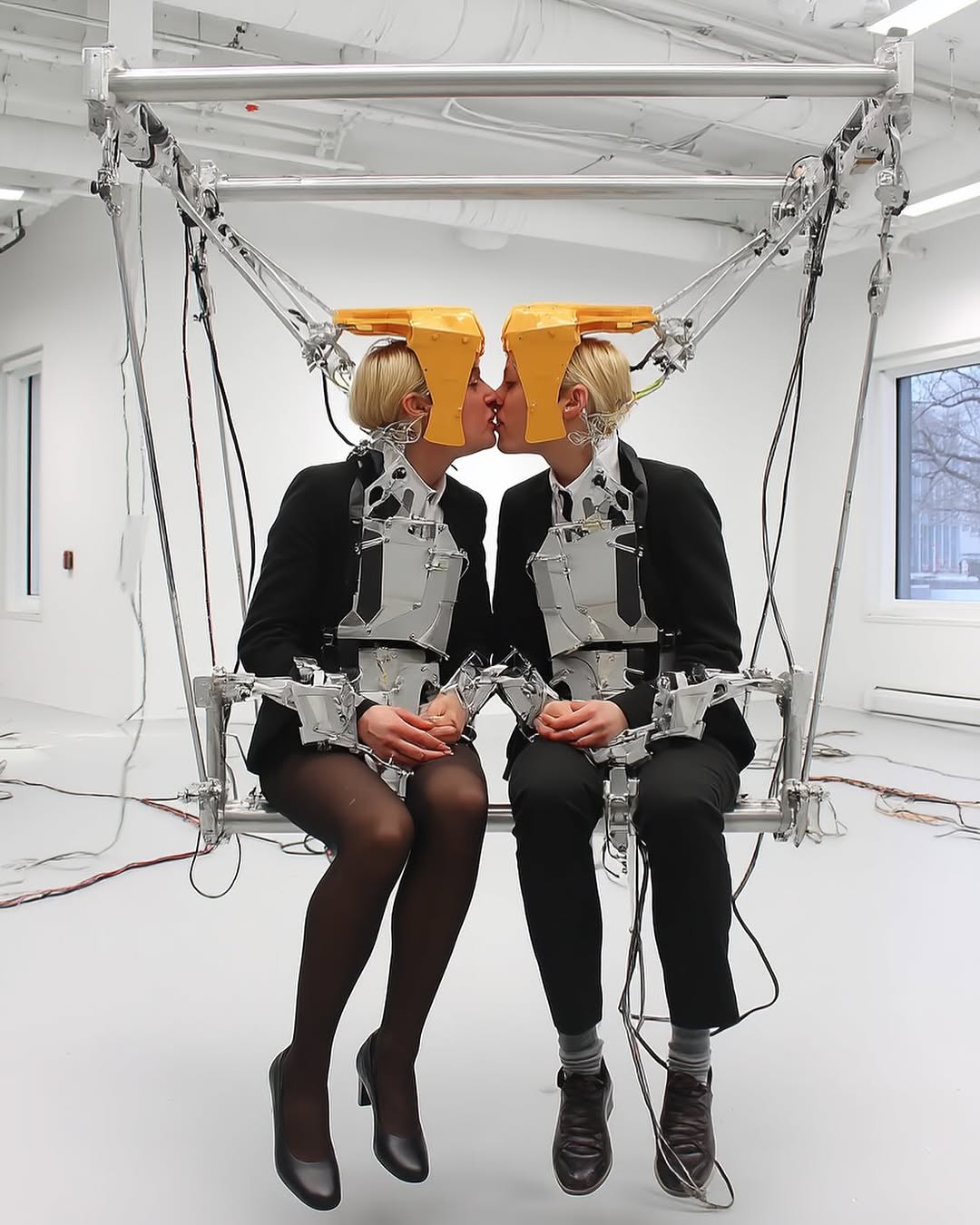 Two people in black suits and black hosiery, wearing robotic headgear, are kissing while sitting on a metal swing inside a white room.