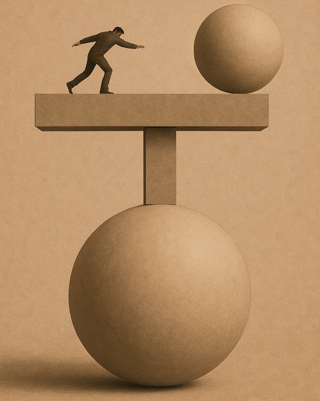 Man balancing on geometric shapes with sphere in beige illustration. Conceptual balance of business, life, and choices.