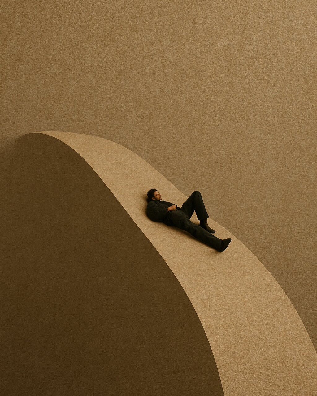 An adult male lies on a curved tan surface, wearing a dark suit. The setting is a minimal tan backdrop, emphasizing form and solitude.