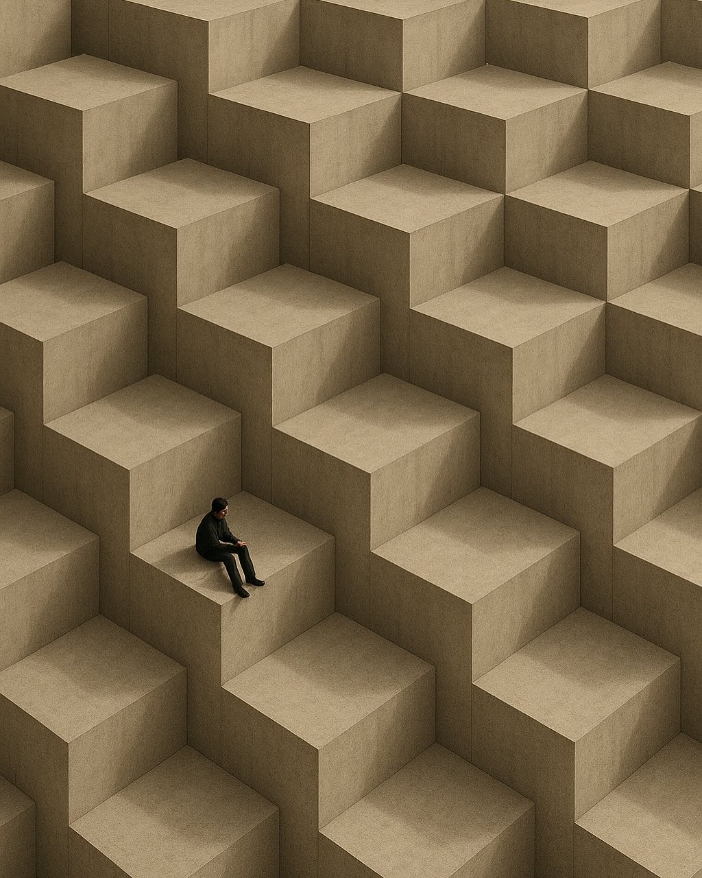 Man sits on geometric block steps in an abstract, graphic, digitally rendered image with repetitive, cubic shapes in a monochromatic color palette.